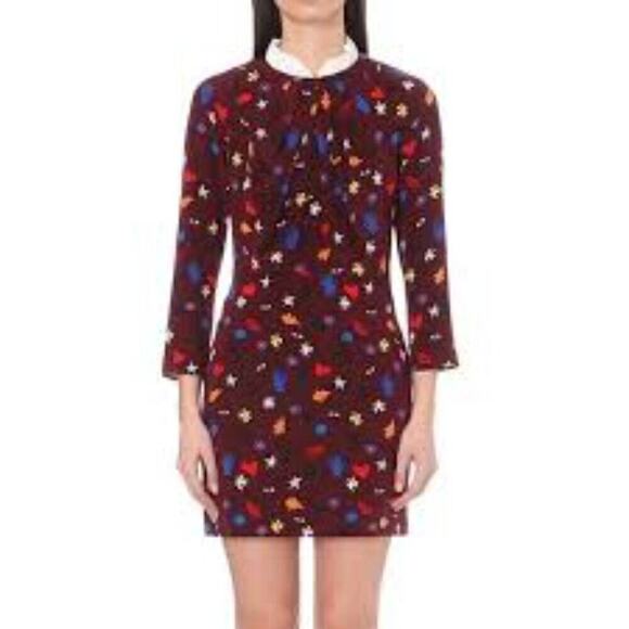 SANDRO ROXANA BURGANDY 100 SILK DRESS WITH REMOVABLE COLLAR SIZE 2 - Picture 1 of 9